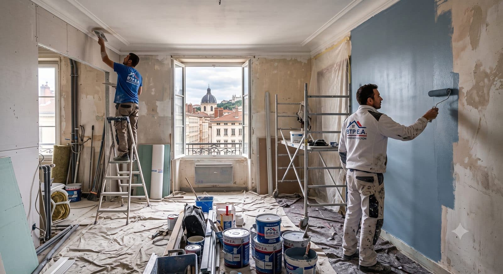 Chantier de peinture et d'enduit : ratissage d'un mur et mise en peinture au rouleau, sols protégés.