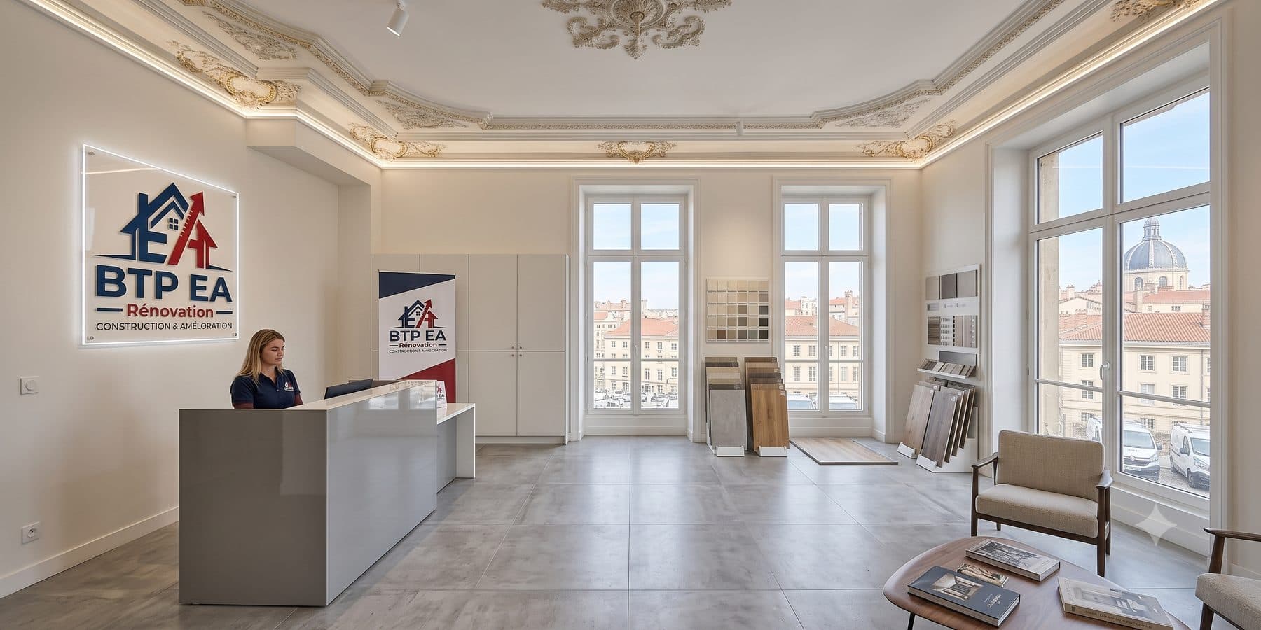 Accueil des locaux de BTP EA Rénovation à Lyon : comptoir, enseigne lumineuse et espace de réception.
