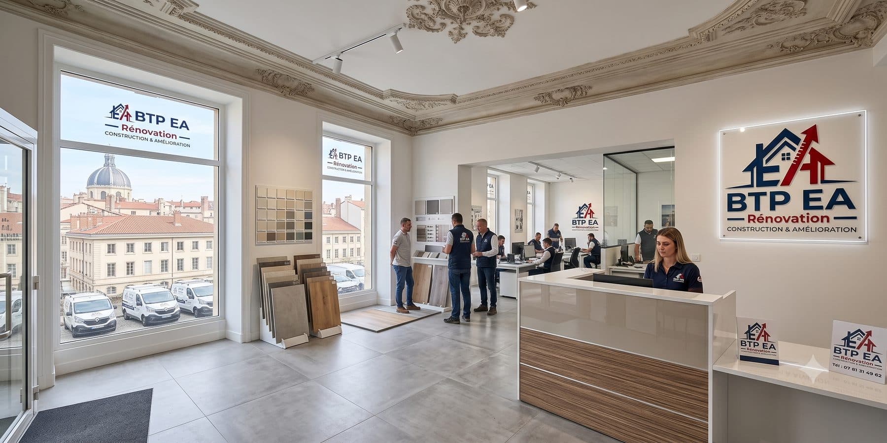 Showroom BTP EA Rénovation : nuanciers, échantillons de carrelage et de parquet, postes de travail.